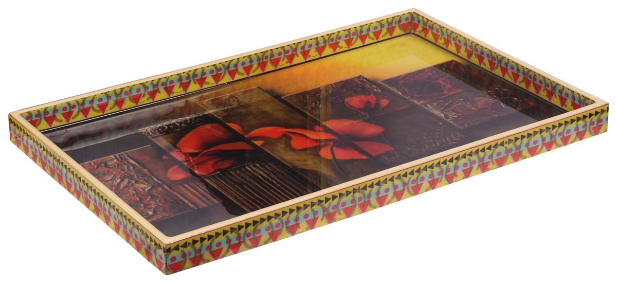 Buy in Bulk Wholesale Serving Tray in MDF - Sunset Colors - 14” Hand-Crafted Decorative Tray with Floral Pattern on Panels - Classic Serve-Ware/Decor/Gifts from India